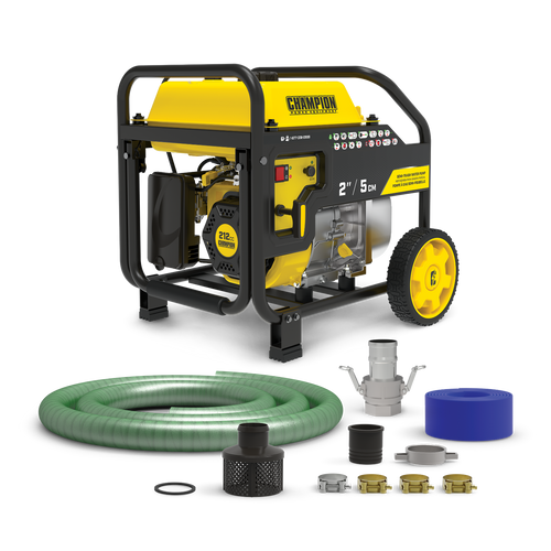 Champion 100742 Extended Run 2in Semi-trash Water Pump with Hose & Wheel Kit